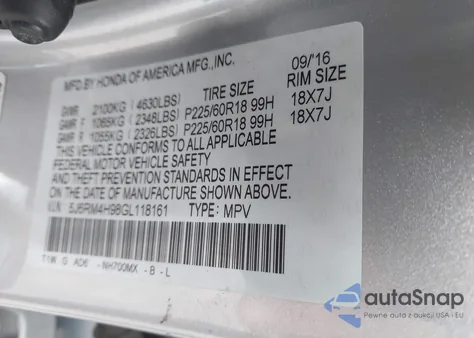 2016 Honda Cr-V Touring from USA, damaged, VIN 5J6RM4H98GL118161